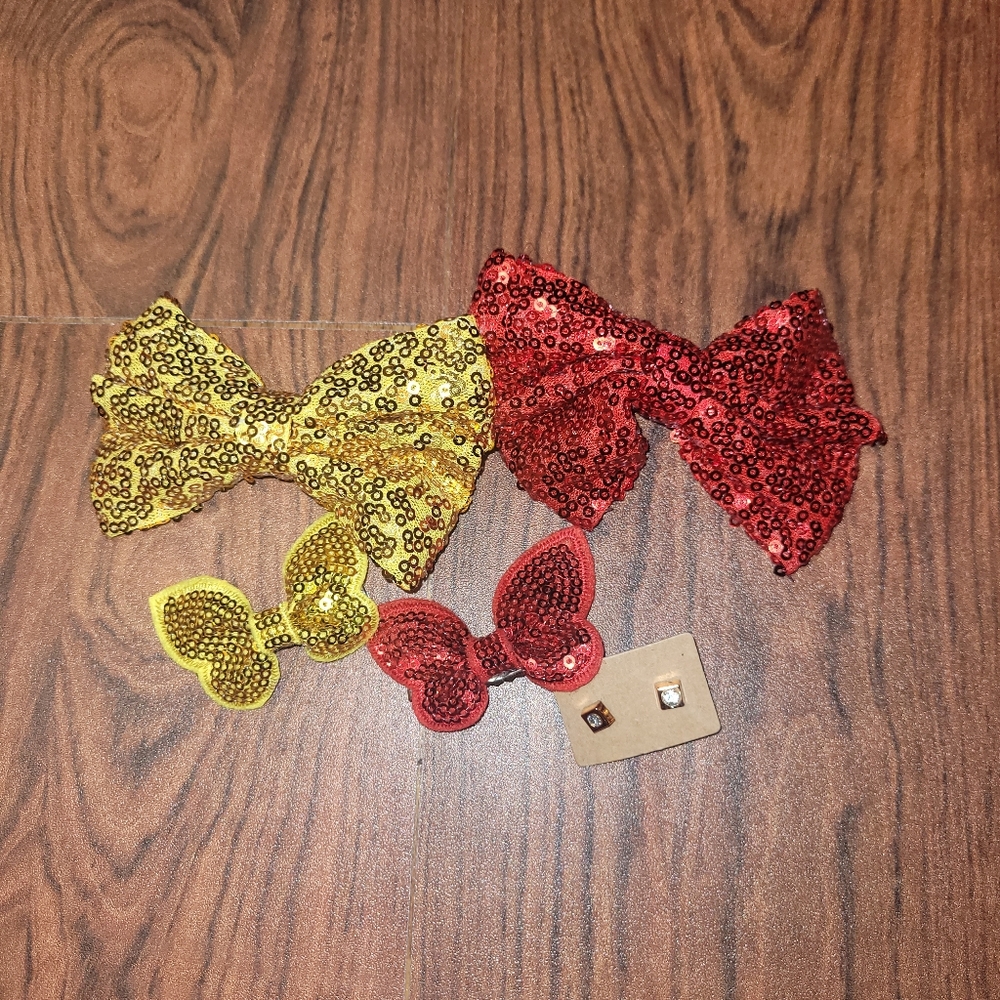 5 Piece Gold And Red Hair Bow accessory bundle With Earrings